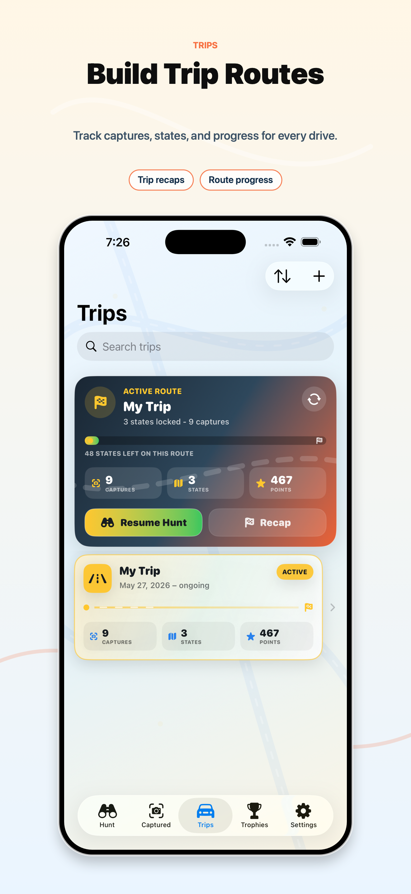 Plate Rally trip routes screen